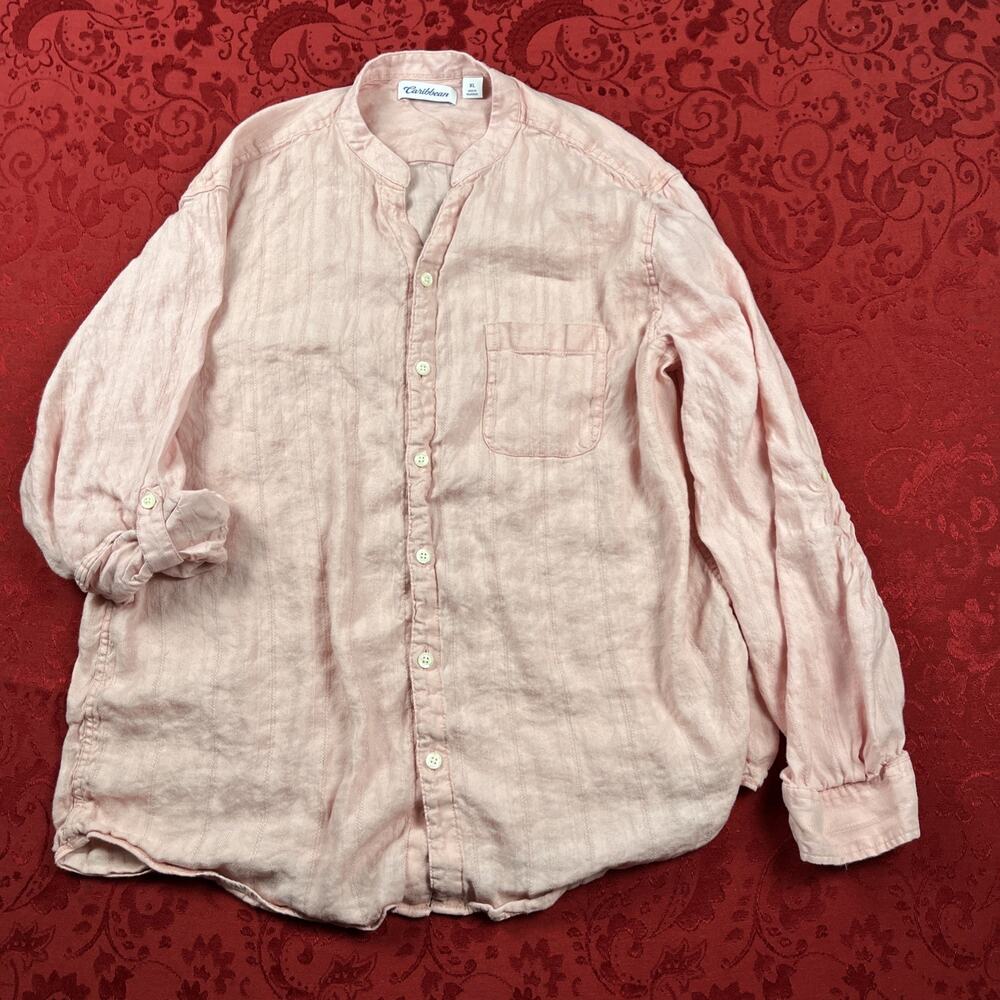 Caribbean Shirt Mens XL Salmon Long Sleeve Button Down Linen Blend Beach Resort